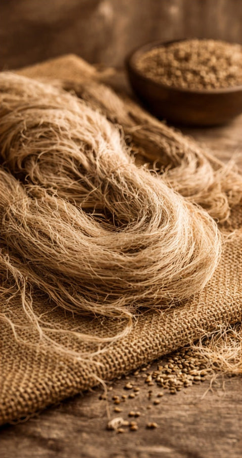 Hemp yarn and seeds on a wooden surface with 'Hemp' text.