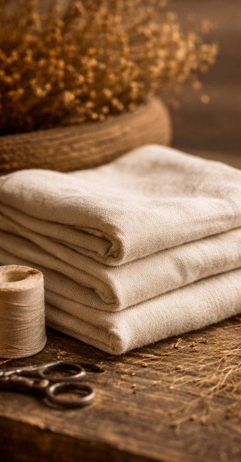 Stack of folded linen fabric on a wooden surface with a spool of thread and scissors.