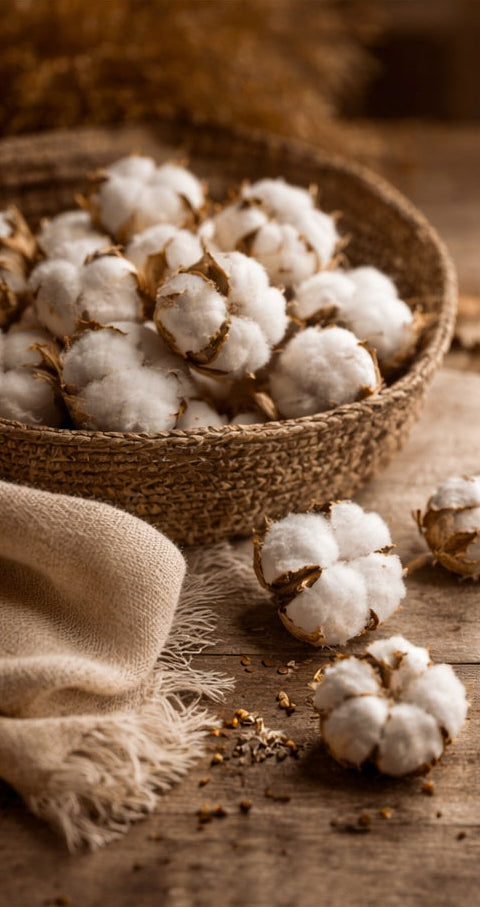 Bowl of organic cotton on a wooden surface with a beige cloth.